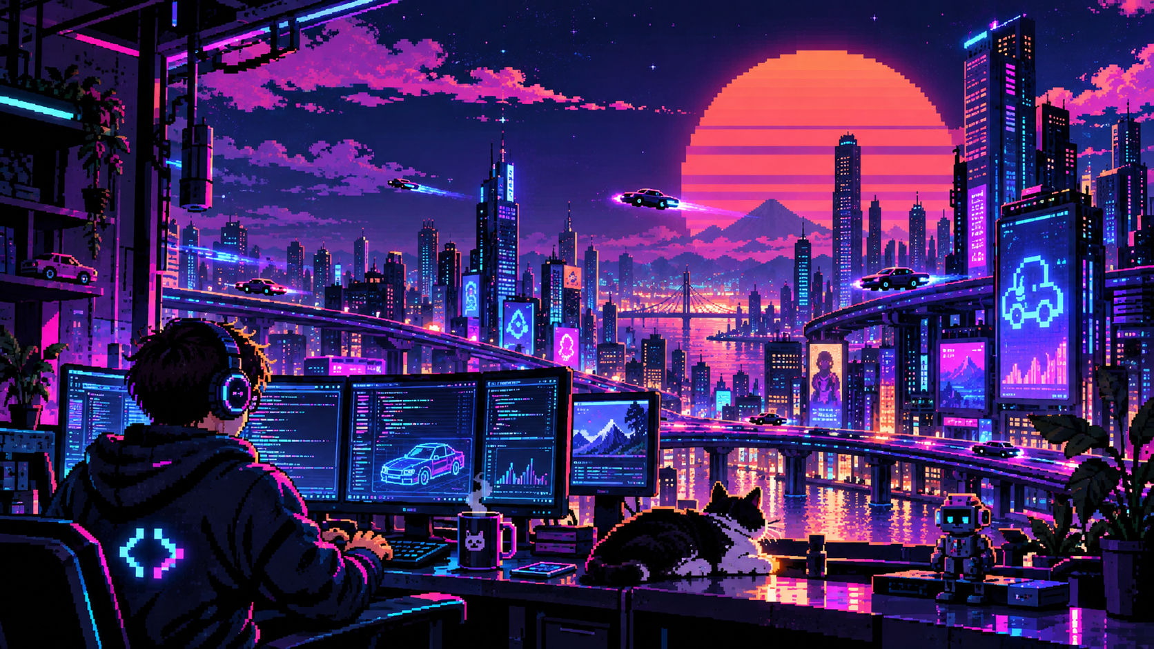 像素风未来城市：霓虹天际线与飞行汽车前，设计者在工作台旁创作，猫咪伏在桌上。